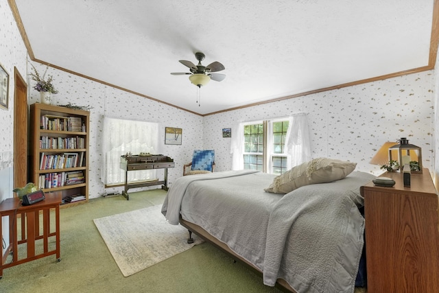 carpeted bedroom with ceiling fan, crown molding, lofted ceiling, and a textured ceiling