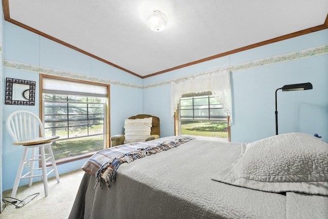 carpeted bedroom with lofted ceiling and ornamental molding