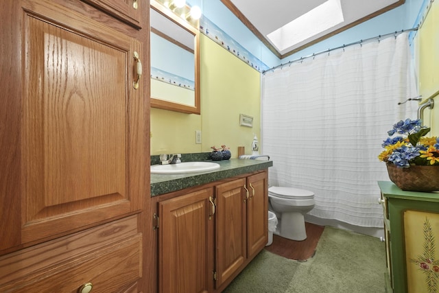 bathroom featuring vanity, curtained shower, toilet, and lofted ceiling with skylight