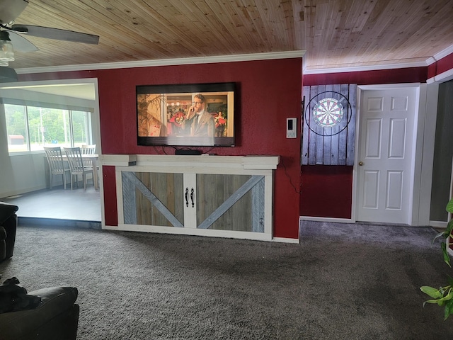 interior space featuring crown molding, wood ceiling, and ceiling fan