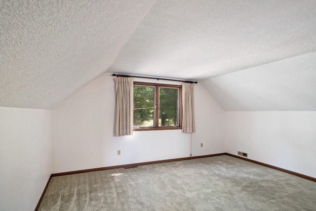 additional living space featuring vaulted ceiling, carpet floors, and a textured ceiling