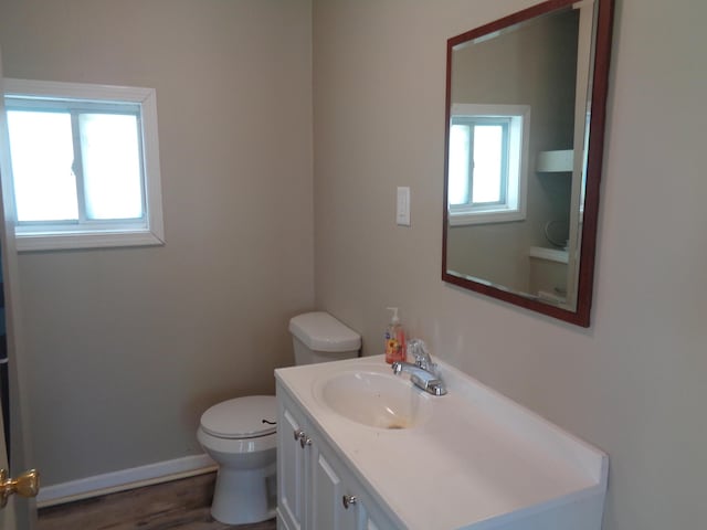 bathroom with vanity, hardwood / wood-style flooring, toilet, and a healthy amount of sunlight