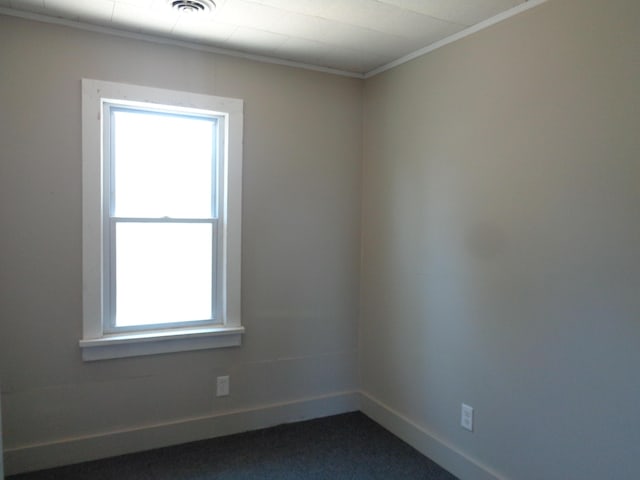 empty room with carpet and crown molding