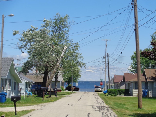 view of road with a water view