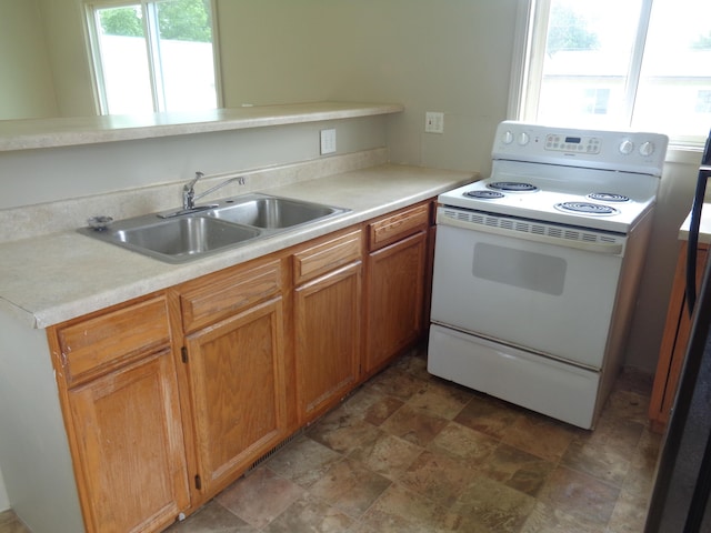 kitchen featuring electric range, plenty of natural light, kitchen peninsula, and sink