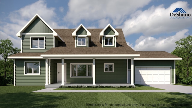 view of front of property featuring a front lawn, a porch, and a garage