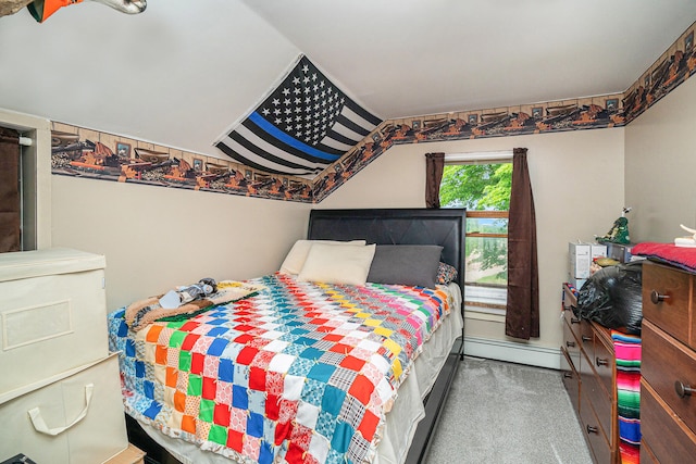 bedroom featuring baseboard heating and carpet floors