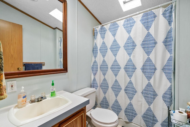 bathroom with walk in shower, toilet, crown molding, a textured ceiling, and vanity