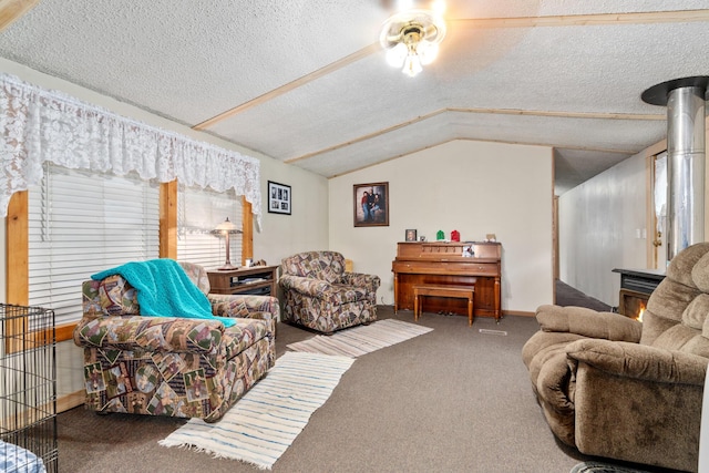 carpeted living room with lofted ceiling, ceiling fan, and a textured ceiling