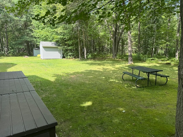 view of yard featuring a storage shed