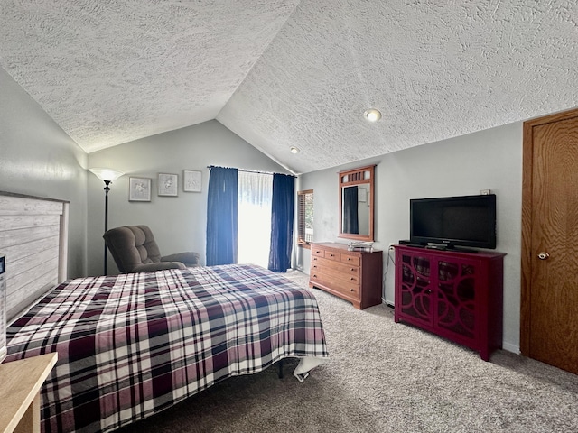 bedroom featuring a textured ceiling, light carpet, and vaulted ceiling