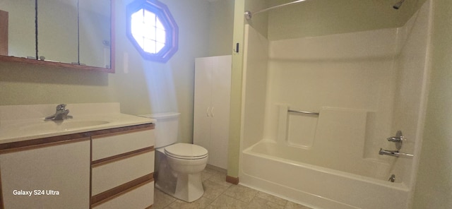 full bathroom with shower / bathing tub combination, tile patterned floors, toilet, and vanity