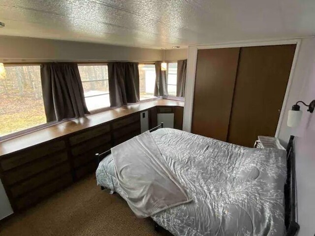 bedroom with a closet, carpet floors, and a textured ceiling