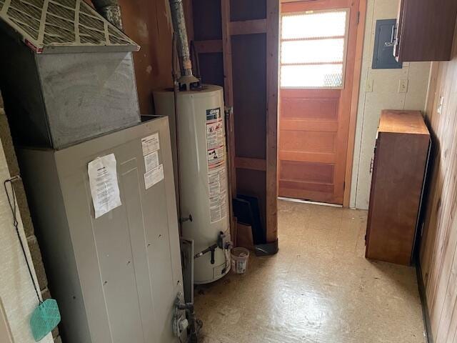 utility room with electric panel and water heater