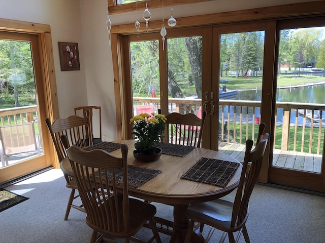 carpeted dining room with a healthy amount of sunlight and a water view