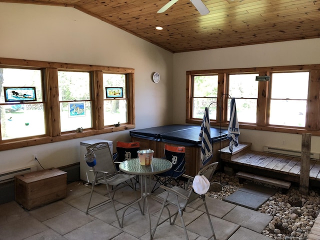 dining room with lofted ceiling, wood ceiling, ceiling fan, and baseboard heating