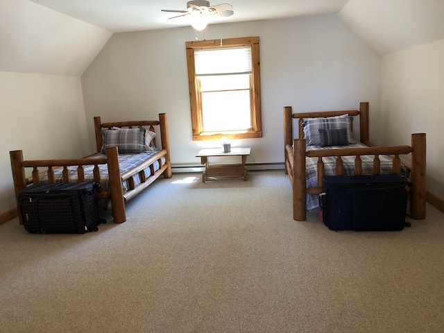 carpeted bedroom with baseboard heating, ceiling fan, and lofted ceiling