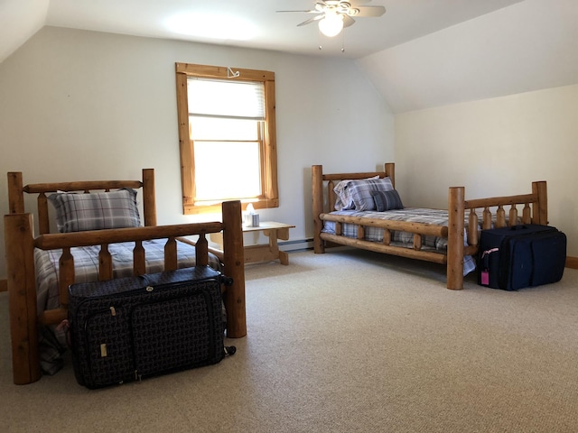 carpeted bedroom with a baseboard radiator, lofted ceiling, and ceiling fan