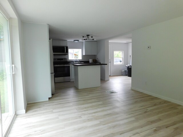 kitchen featuring light hardwood / wood-style flooring, white cabinets, a center island, stainless steel appliances, and sink