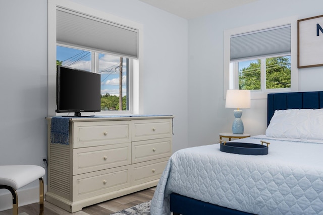 bedroom with multiple windows and hardwood / wood-style floors