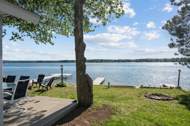 view of water feature with a dock