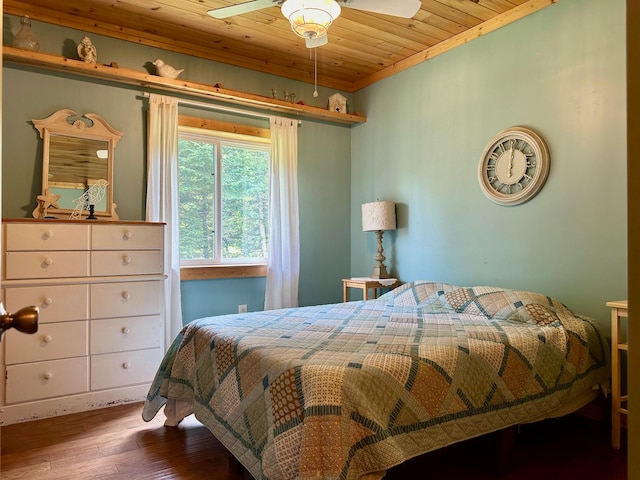 bedroom featuring ceiling fan, hardwood / wood-style floors, and wood ceiling