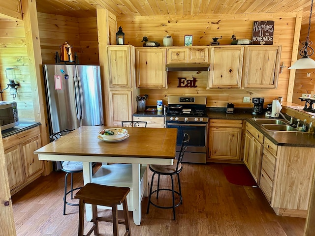 kitchen featuring dark wood-type flooring, appliances with stainless steel finishes, and wooden ceiling