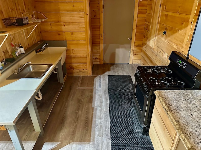 interior space with wood walls, sink, and wood-type flooring