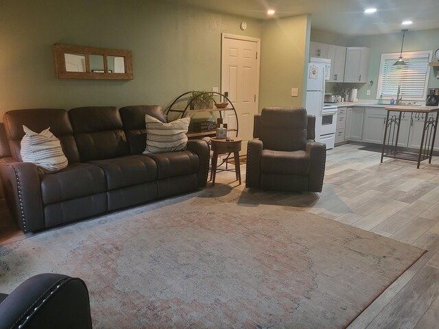 living room with light hardwood / wood-style floors and sink