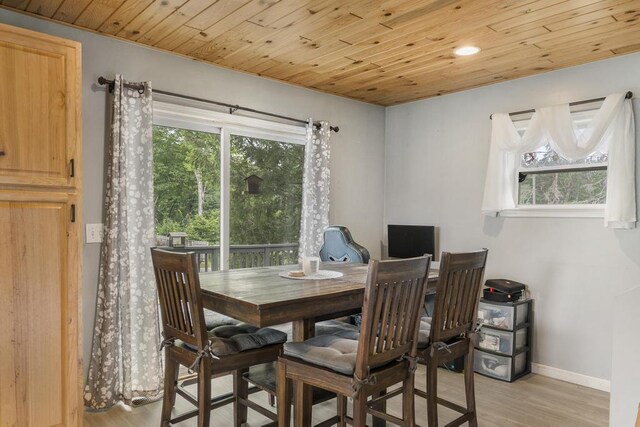 dining space with wooden ceiling, light wood-style flooring, and baseboards