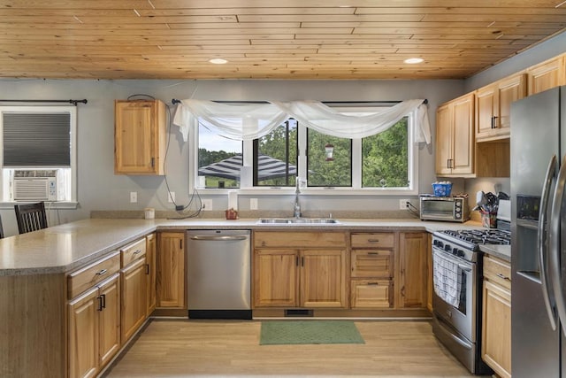 kitchen featuring wooden ceiling, light wood-style flooring, stainless steel appliances, a peninsula, and a sink