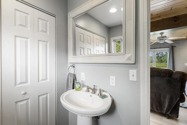 bathroom with a ceiling fan, a sink, and wood finished floors