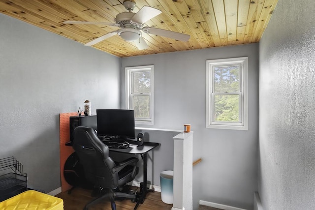 office area featuring a healthy amount of sunlight, wooden ceiling, baseboards, and a ceiling fan