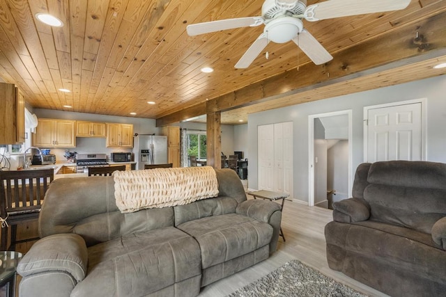 living room with light wood-type flooring, wooden ceiling, beamed ceiling, and recessed lighting