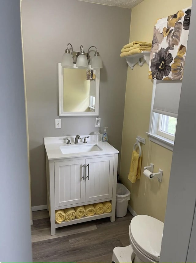 bathroom with vanity, toilet, and wood-type flooring