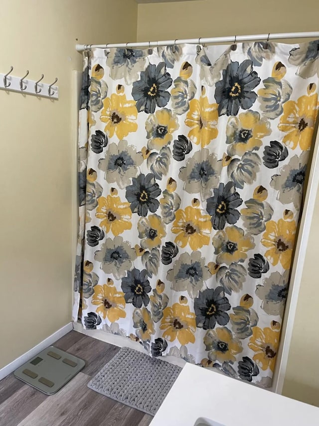 bathroom with wood-type flooring