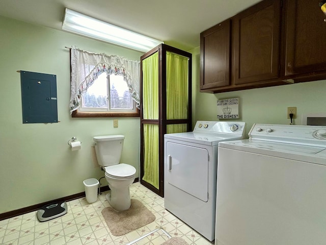 laundry room featuring electric panel, light tile patterned floors, and washing machine and clothes dryer