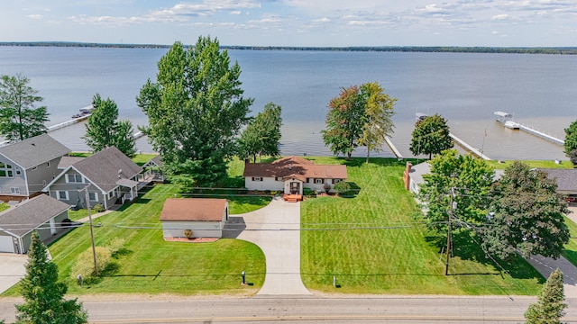 bird's eye view with a water view