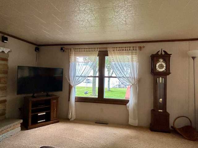 unfurnished living room featuring carpet flooring and crown molding