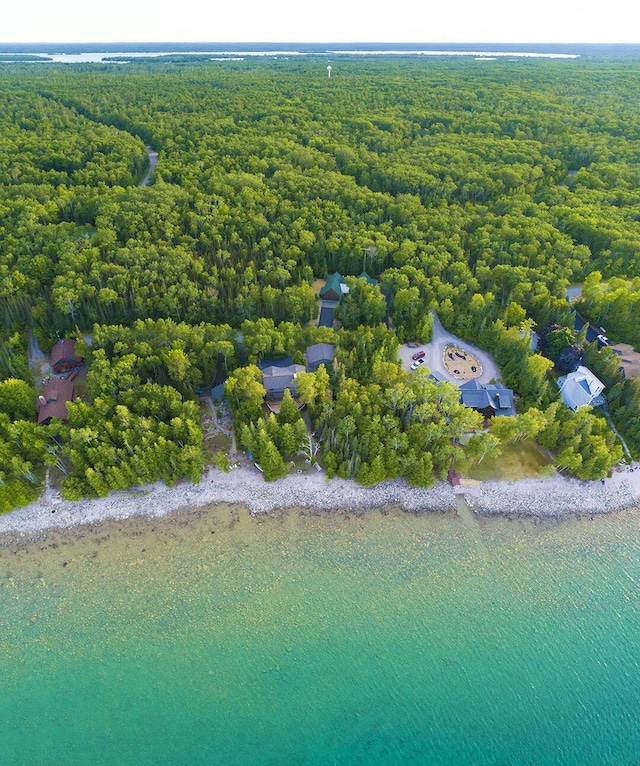 aerial view featuring a water view and a forest view