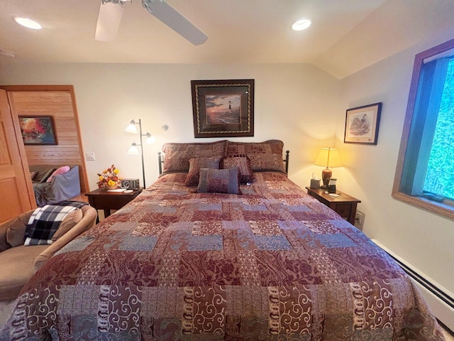 bedroom featuring a ceiling fan, recessed lighting, a baseboard heating unit, and vaulted ceiling