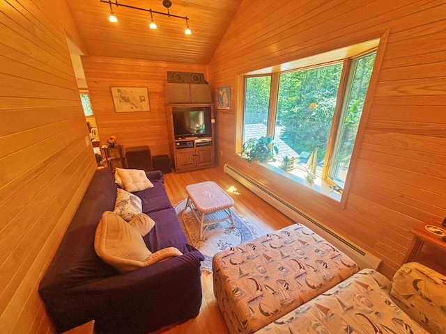 living room featuring lofted ceiling, rail lighting, wooden walls, and wood finished floors