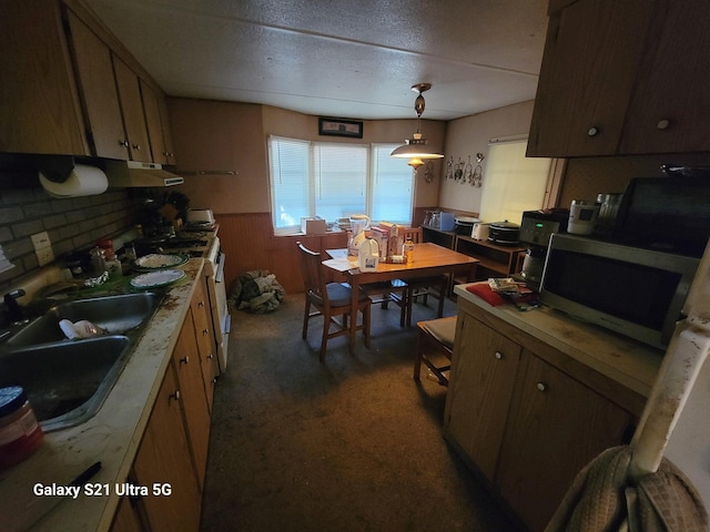 kitchen with sink, a textured ceiling, hanging light fixtures, and high end white range oven