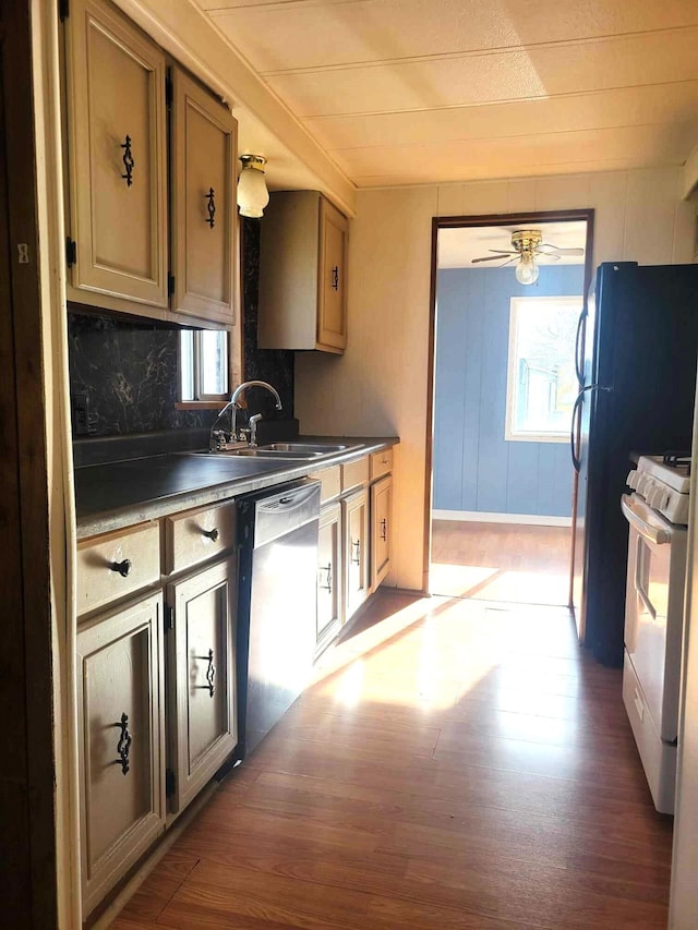 kitchen featuring white range, stainless steel dishwasher, sink, and dark hardwood / wood-style floors