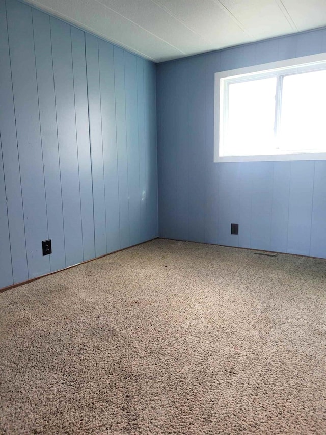 carpeted empty room featuring wood walls