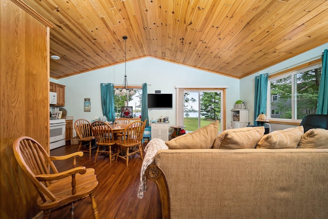 living room featuring wooden ceiling, hardwood / wood-style floors, and vaulted ceiling