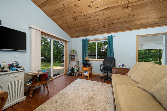 living room with dark hardwood / wood-style floors, wood ceiling, and lofted ceiling