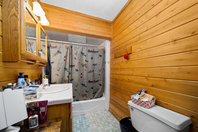 full bathroom featuring shower / tub combo, vanity, wood walls, and toilet