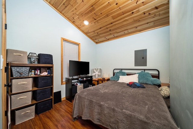 bedroom featuring wooden ceiling, lofted ceiling, electric panel, and hardwood / wood-style flooring