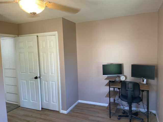 office space featuring ceiling fan and hardwood / wood-style floors